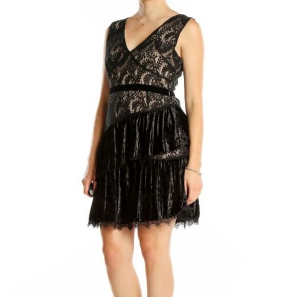 Anthropologie Foxiedox "Aurora" Black Lace Tiered Velvet Ruffle Sleeveless Dress - Picture 2 of 6